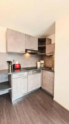 a kitchen with stainless steel appliances and wooden floors at Résidence Les Terrasses De Veret - Appartement lumineux · Au pied des pistes · Piscine · Parking inclus · Spa MAE-1651 in Magland