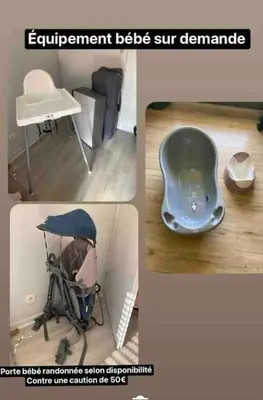 a collage of four pictures of furniture and a stroller at La marmotte: Vue Mont Blanc, terrasse, parking in Combloux