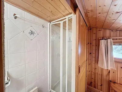 a shower with a glass door in a bathroom at Charmant 4 pièces avec terrasse face Mont Blanc, proche téléski, village et garage sécurisé - FR-1-560-133 in Combloux