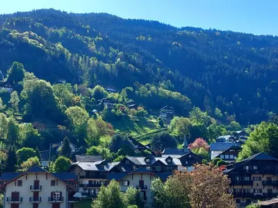 a town in the mountains with houses and trees at Joli studio à St Gervais les bains in Saint-Gervais-les-Bains