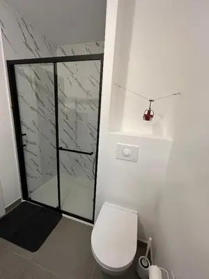 a bathroom with a toilet and a glass shower at Appartement Samoens l'Etelley in Samoëns