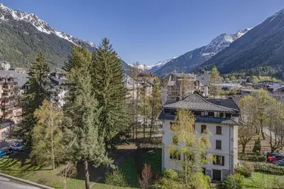 an aerial view of a resort in the mountains at Chamois Blanc Rosières- bright 1 bed apartment with amazing views in Chamonix-Mont-Blanc