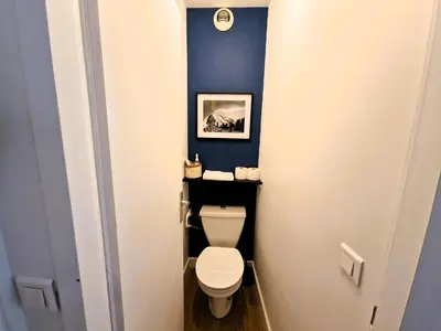 a bathroom with a toilet and a blue wall at Appart Les Cosmiques, Vue Mont Blanc - Aiguille du Midi in Chamonix-Mont-Blanc