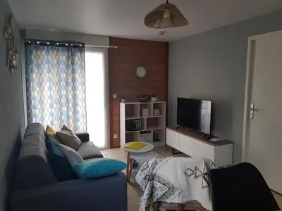 a living room with a blue couch and a tv at Appartement l'Étoile pour 1 à 4 personnes in Sallanches