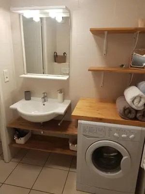 a bathroom with a washing machine and a sink at Appartement l'Étoile pour 1 à 4 personnes in Sallanches