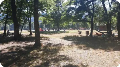 a park with trees and a hammock in the grass at MH F4 Ski Rando Loisirs Proche Chamonix 6 pers 300AK in Passy