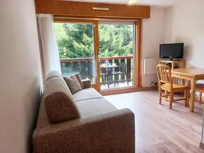 a living room with a couch and a table and a window at Au centre du village station de ski in Les Contamines-Montjoie