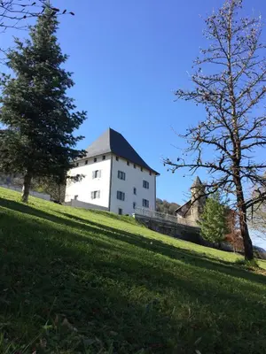 a resort with a pool and a church and mountains at Face au Mont-Blanc, au cœur des plus grands domaines skiables de Haute-Savoie in Sallanches