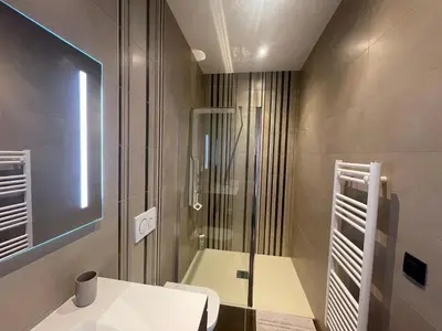 a bathroom with a shower and a toilet and a sink at Face au Mont-Blanc, au cœur des plus grands domaines skiables de Haute-Savoie in Sallanches