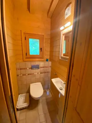 a small bathroom with a toilet and a sink at Bienvenue dans notre chalet à Saint-Gervais-les-Bains in Saint-Gervais-les-Bains