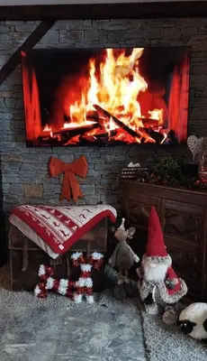 a fireplace with two stuffed animals in front of a fire at Bivouac & Sacs à dos - Loft classé, avec escape game sur demande in Sixt