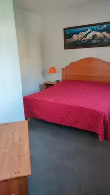 a bedroom with a large bed with a red bedspread at charmant appartement 2-4 personnes coeur de chamonix in Chamonix-Mont-Blanc