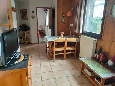 a living room with a table and a television at charmant appartement 2-4 personnes coeur de chamonix in Chamonix-Mont-Blanc