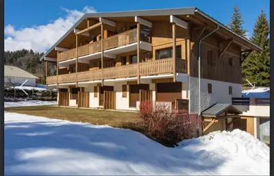 a large wooden house in the snow at Appartement Calme et Chaleureux in Demi-Quartier
