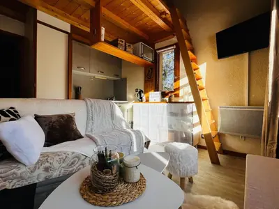 a living room with a couch and a table at Appartement Calme et Chaleureux in Demi-Quartier