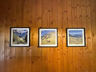 a wall with four pictures of mountains on it at Appartement 6p à Samoëns avec parking, proche télécabine - FR-1-642-90 in Samoëns