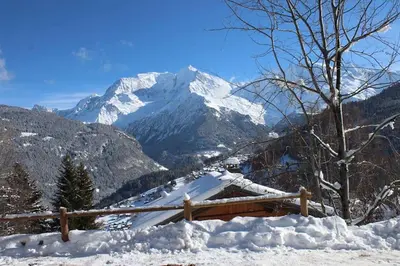 a snow covered mountain in the distance with a wooden fence at Le Mazot des Tacounets in Saint-Gervais-les-Bains