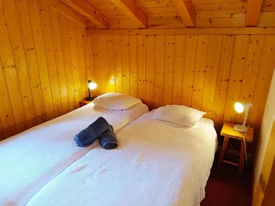 a bedroom with two beds in a wooden cabin at Le Mazot des Tacounets in Saint-Gervais-les-Bains