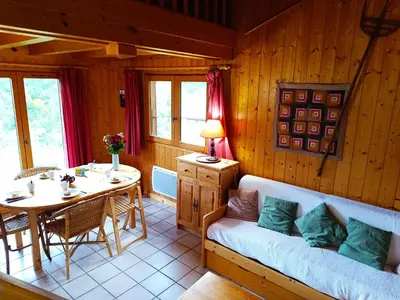 a living room with a couch and a table at Le Mazot des Tacounets in Saint-Gervais-les-Bains