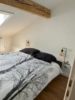 a bedroom with a bed with black pillows on it at Residence VARLOPE in Chamonix-Mont-Blanc