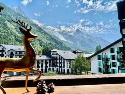 a statue of a deer on a window sill with mountains at CHAMONIX Centre - Studio de charme avec parking, Vue sur le Mont-Blc in Chamonix-Mont-Blanc