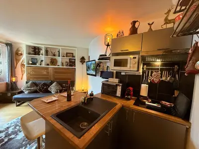 a kitchen with a sink and a counter top at CHAMONIX Centre - Studio de charme avec parking, Vue sur le Mont-Blc in Chamonix-Mont-Blanc