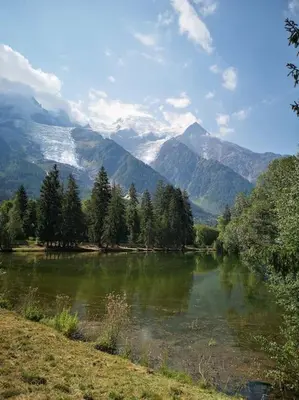a river with trees and mountains in the background at Chamonix, studio de 24 m2 in Chamonix-Mont-Blanc