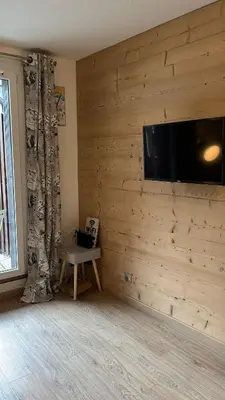 a room with a wooden wall with a flat screen tv at STUDIO DENT DU CROCODILE, AIGUILLE du MIDI, BALCON, PARKING in Chamonix-Mont-Blanc