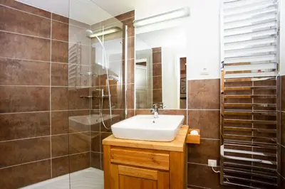 a bathroom with a sink and a shower at Le Bartavel Apartment - Chamonix All Year in Chamonix-Mont-Blanc