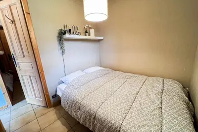 a bedroom with a bed and a shelf on the wall at Charming T2 in Saint-Gervais-les-Bains in Saint-Gervais-les-Bains