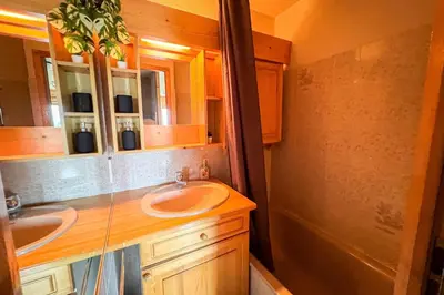 a small bathroom with two sinks and a shower at Charming T2 in Saint-Gervais-les-Bains in Saint-Gervais-les-Bains