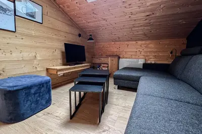 a living room with a couch and a tv at T2 with pool in Saint-Gervais-les-Bains in Saint-Gervais-les-Bains