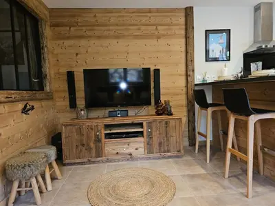 a living room with a flat screen tv on a wooden wall at Charmant T1 montagnard proche télécabine in Saint-Gervais-les-Bains