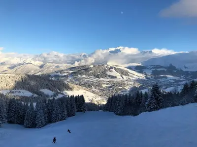 two people skiing down a snow covered mountain at Le lodge de l alpage - Ski in ski out - 2 chambres 1 cabine in Combloux