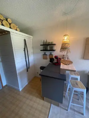 a kitchen with a refrigerator and a table with a lamp at le jaillet in Megève