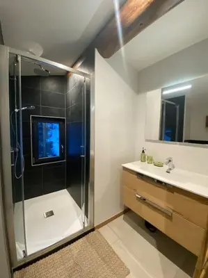 a bathroom with a shower and a sink at Appartement Brévent in Les Houches