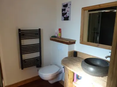 a bathroom with a sink and a toilet at Premier étage d'une ferme rénovée in Passy