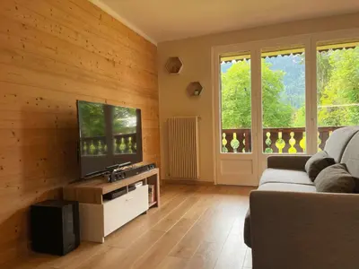 a living room with a couch and a flat screen tv at Studio rénové proche centre Samoëns avec balcon et proximité ski-bus - FR-1-624-159 in Samoëns