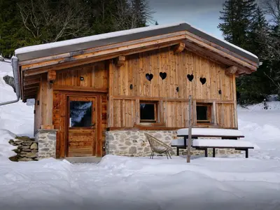 a log cabin with a picnic table in the snow at Grand Mazot La Chandelle - OVO Network in Bionnassay