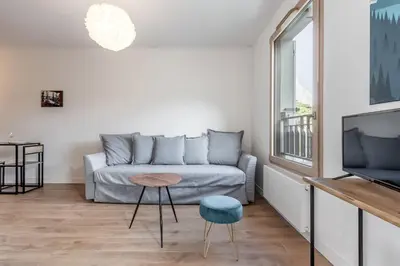 a living room with a couch and a tv at Le 202 - Proche telecabine - Vue Montagne in Saint-Gervais-les-Bains