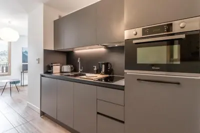 a kitchen with gray cabinets and a stove top oven at Le 202 - Proche telecabine - Vue Montagne in Saint-Gervais-les-Bains
