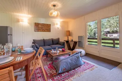 a living room with a couch and a table at Cocooning small chaming chalet with garden in Chamonix-Mont-Blanc