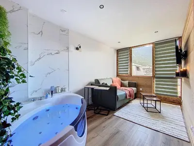 a bathroom with a tub and a bed and a couch at Le Cocon de Chamonix in Chamonix-Mont-Blanc
