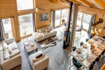 an overhead view of a living room in a cabin at Chalet Ciscana Chamonix MontBlanc in Chamonix-Mont-Blanc