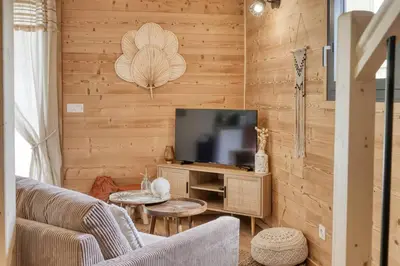 a living room with wooden walls and a television at Chalet Marie situé 25km Chamonix in Saint-Gervais-les-Bains