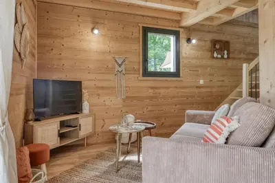 a living room with a couch and a television at Chalet Marie situé 25km Chamonix in Saint-Gervais-les-Bains