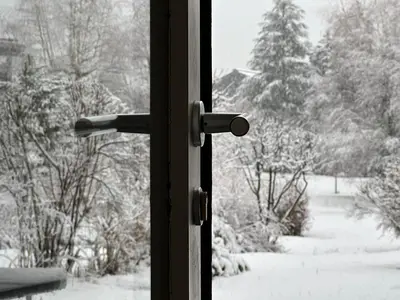 a window with a view of a snow covered yard at Alpine Escape Mont Blanc at Your Window in Chamonix-Mont-Blanc