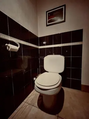 a bathroom with a toilet in a black tiled wall at La ferme de la Tour - Vallée de Chamonix in Servoz