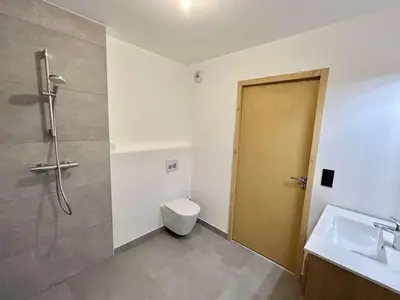 a bathroom with a shower and a toilet and a sink at Appartement Neuf 3 Pièces avec Terrasse et Jardin, Proche Remontées Mécaniques, Parking Inclus - FR-1-597-179 in Combloux