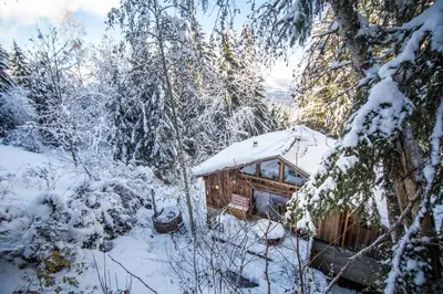 a cabin in the woods with snow covered trees at Chalet F'net chalet de charme stylish cosy insolite in Saint-Gervais-les-Bains